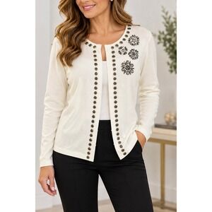 Rafaella Petite Ivory Cotton Cardigan Rhinestone Studded Embellished Set M